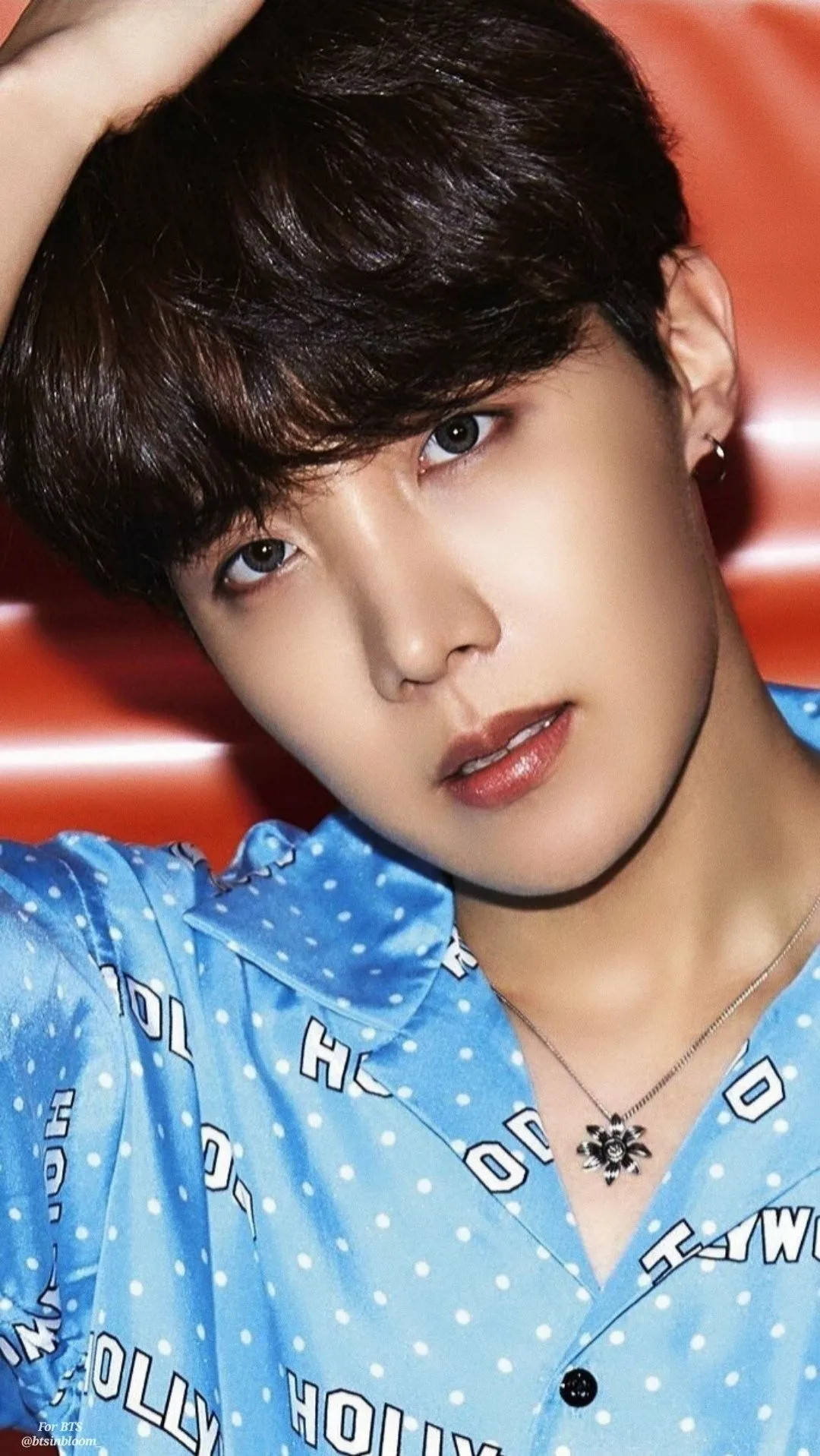 j-hope 桌布 壁紙 — 一位黑髮、雙目有神的年輕男子，在鮮紅色背景前擺姿勢，身穿藍色圓點襯衫。