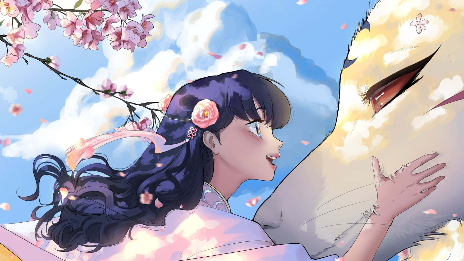 Kagome Higurashi 桌布 壁紙 — 一位黑髮上飾有花朵的年輕女性，在盛開的櫻花樹下，輕輕觸摸一隻大狐狸精靈，背景是明亮的藍天。