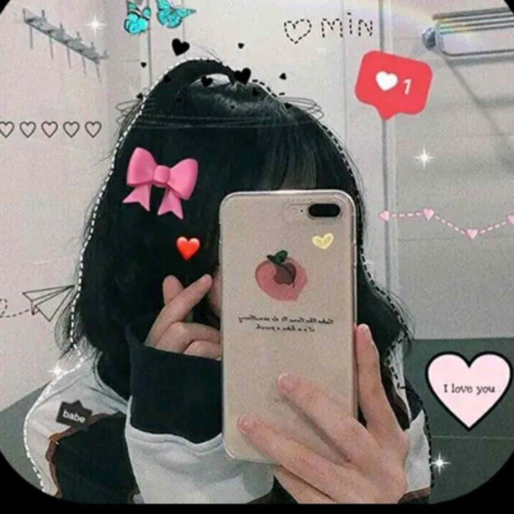 iPhone 桌布 壁紙 — 一位黑髮人士在鏡子前自拍，帶有數位心形和粉紅色蝴蝶結濾鏡效果。