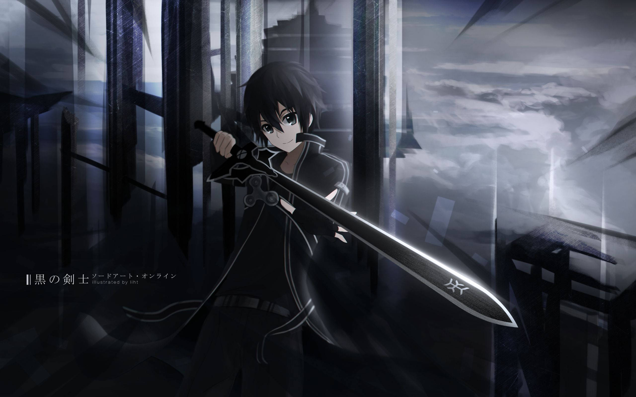 Kirito 桌布 壁紙 — 一位黑髮動漫劍士身穿黑色盔甲，在暴風雨的天空下，於破碎的玻璃結構中握著一把發光的劍。