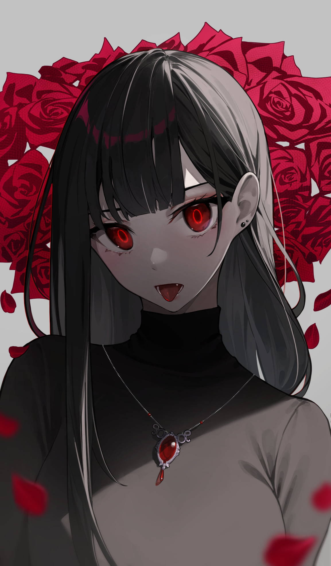 Aesthetic Anime Pfp 桌布 壁紙 — 一位黑髮動漫女孩，擁有發光的紅色眼睛和紅色吊墜，站在鮮豔紅玫瑰的背景前。