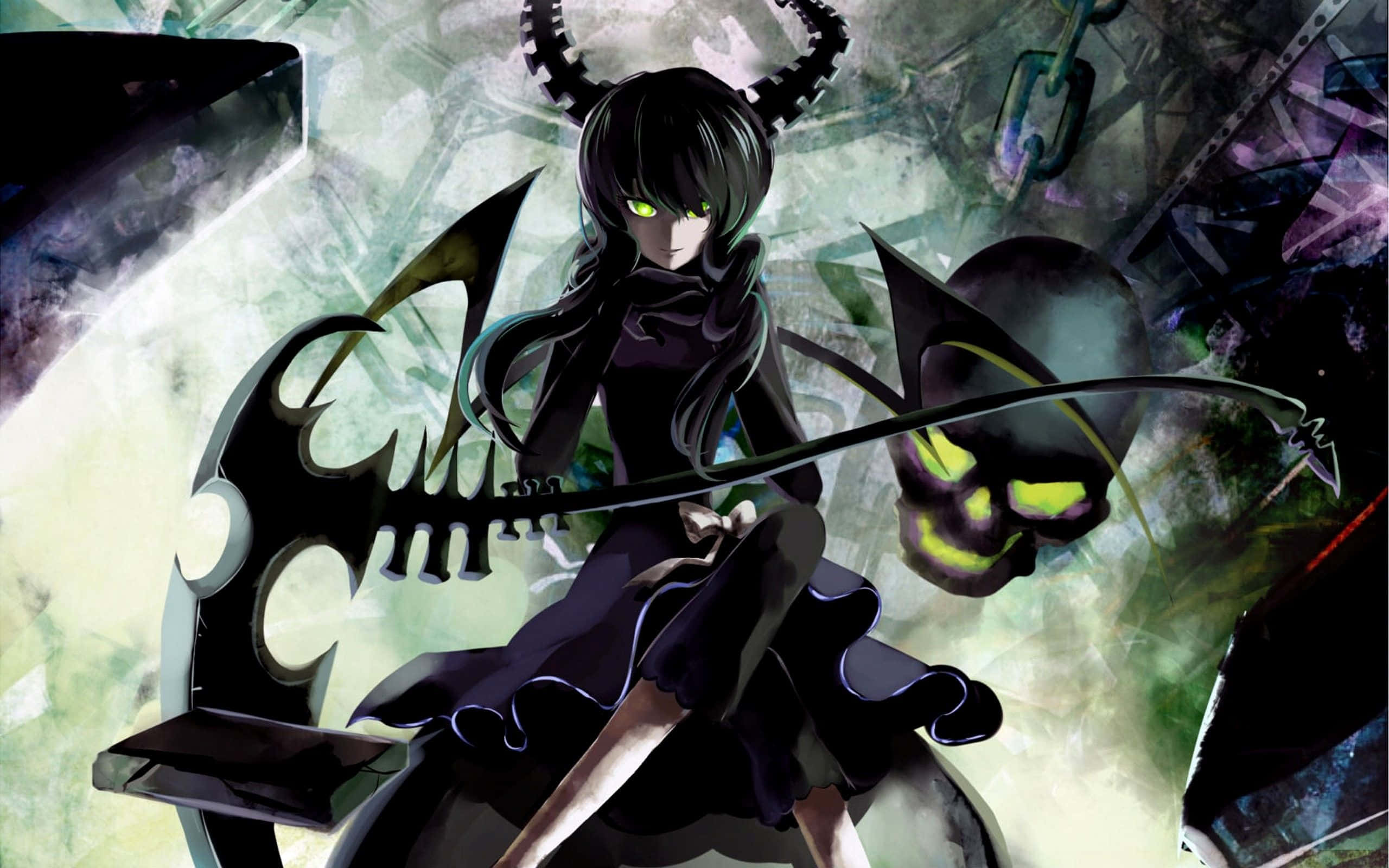 Villain 桌布 壁紙 — 一位黑髮動漫女孩，擁有發光的綠色眼睛和角，在混亂的綠色和黑色背景前揮舞著帶有骷髏頭的武器。