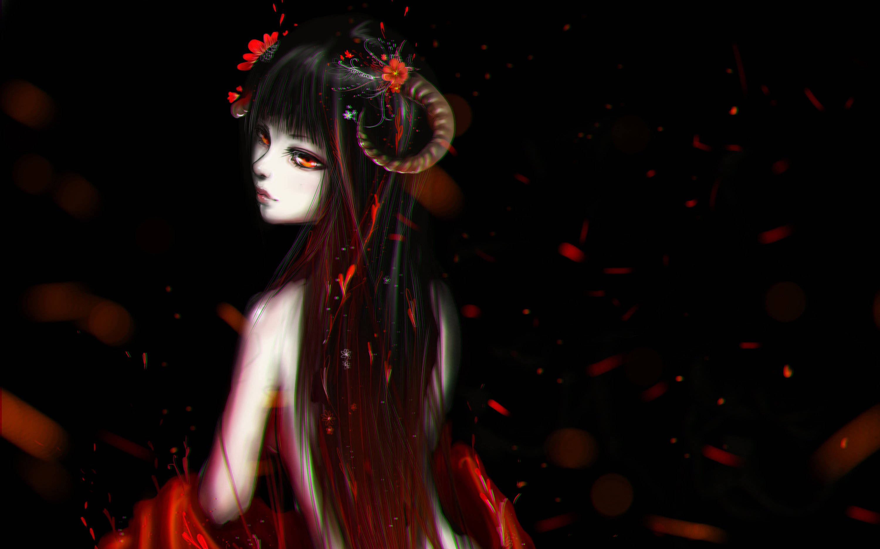 horns 桌布 壁紙 — 一位黑髮動漫女孩，擁有紅色眼睛和裝飾著紅花的公羊角，在黑色背景中閃耀，周圍漂浮著餘燼。