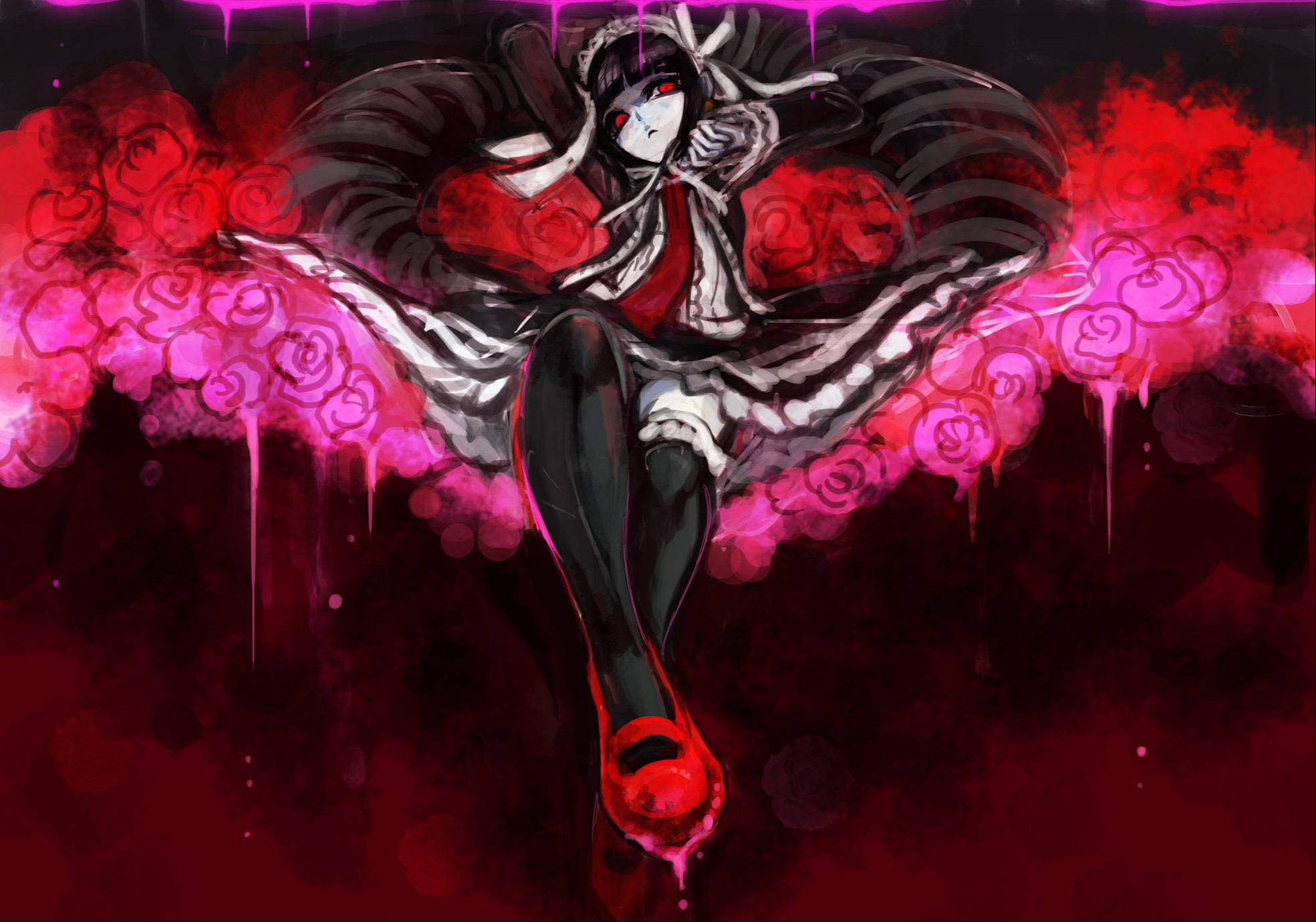 Goth 桌布 壁紙 — 一位黑髮動漫女孩，紅眼睛，穿著飄逸的紅黑連衣裙，在深紅色背景上漂浮在充滿活力的粉紅玫瑰煙霧中。
