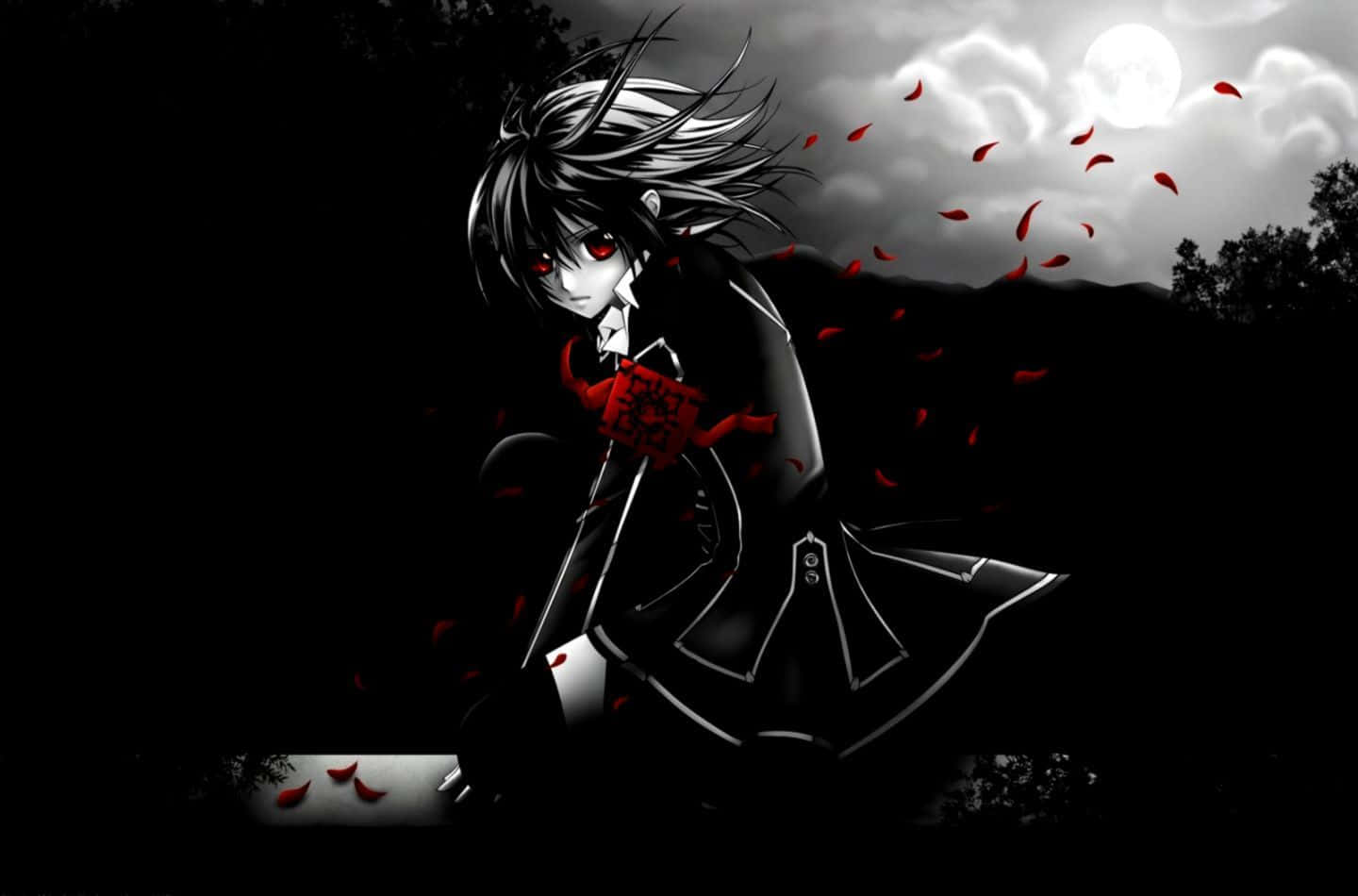 Emo Anime Boy 桌布 壁紙 — 一位黑髮動漫女孩，紅眼睛，繫著紅色絲帶，站在滿月下，紅色花瓣在她周圍飄落，營造出憂鬱的黑白場景。