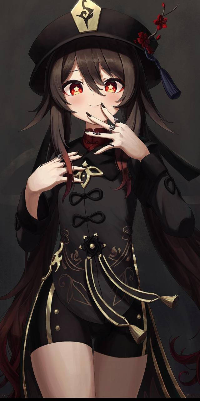 Tao 桌布 壁紙 — 一位黑髮動漫女孩，身穿黑金色制服，紅眼睛，櫻花點綴，手指放在嘴唇上擺姿勢。