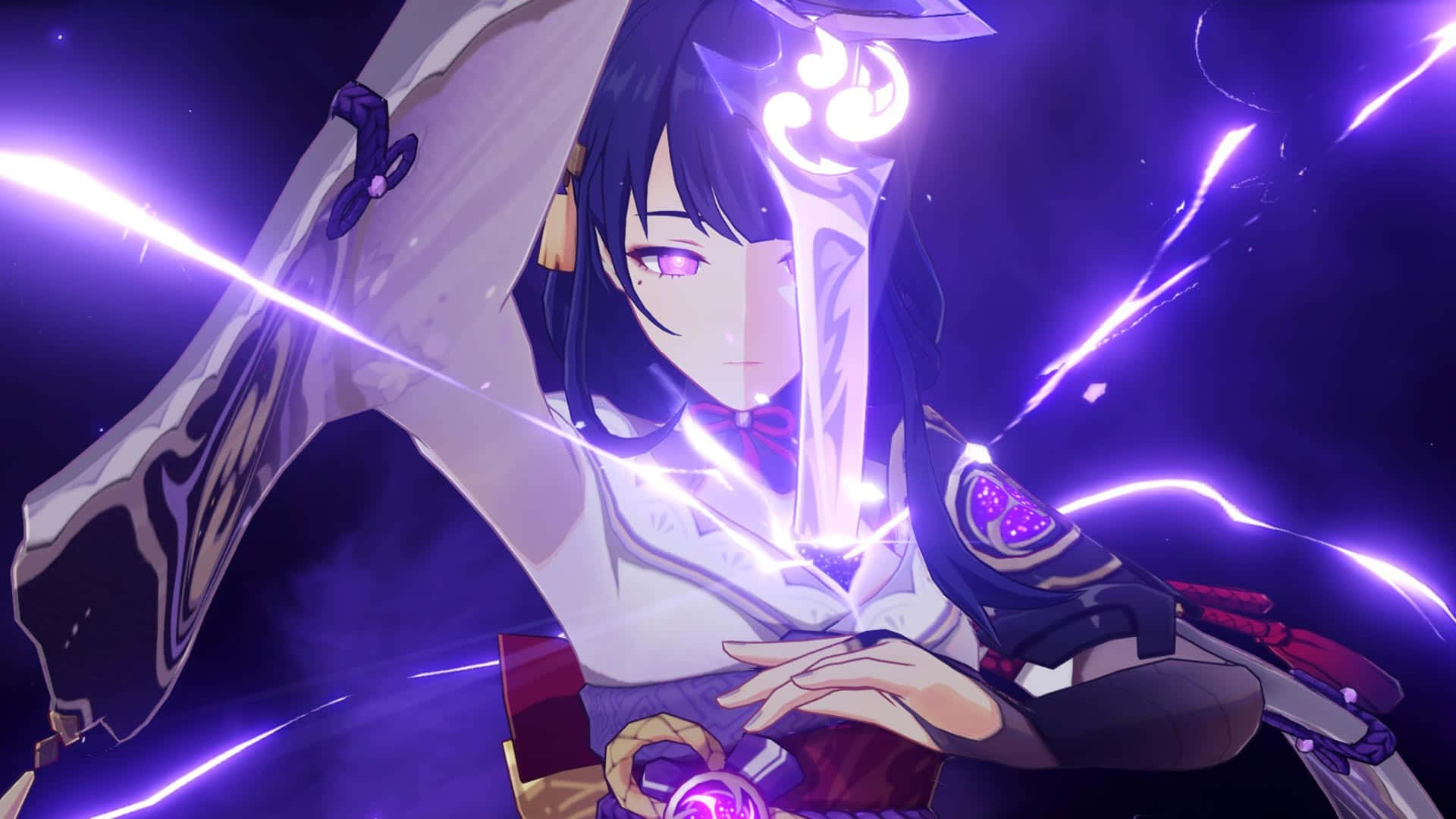 Baal Genshin Impact 桌布 壁紙 — 一位黑髮動漫女孩在宇宙虛空中，於電能之中揮舞著發光的紫色劍。
