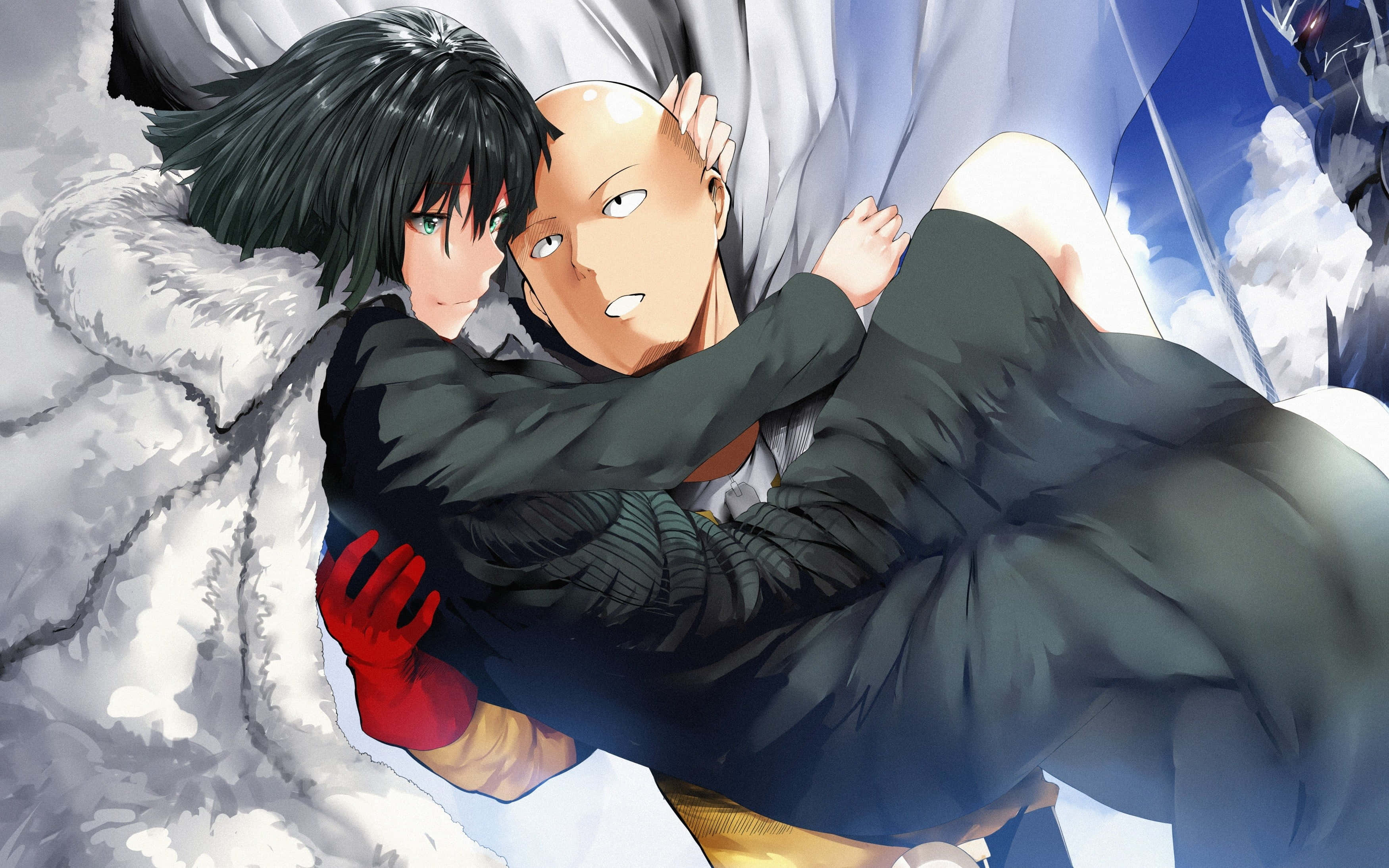 Fubuki 桌布 壁紙 — 一位黑髮動漫女孩在戲劇性的天空背景下擁抱一位禿頭男子，背景有蓬鬆的雲朵和遠處的城市景觀。