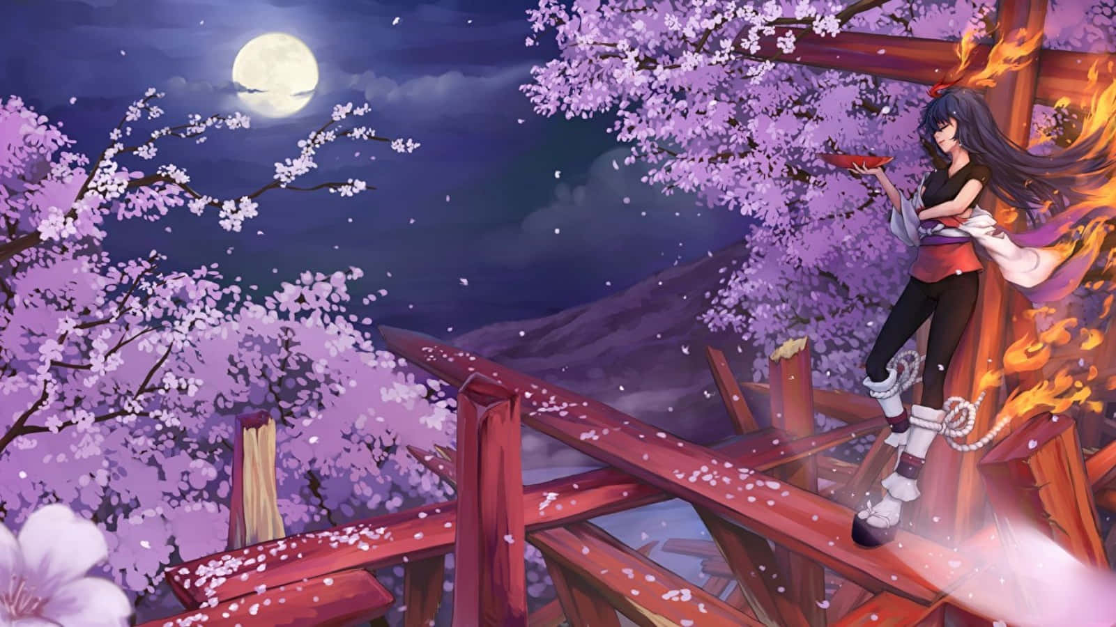 sakura tree 桌布 壁紙 — 一位黑髮動漫女孩帶著火熱光環，站在紅色鳥居上，滿月下被盛開的櫻花環繞。