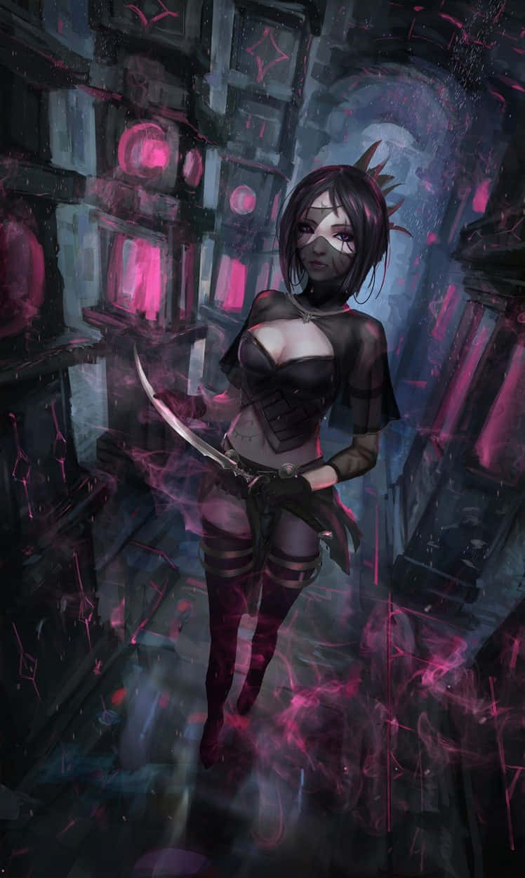 電玩遊戲 桌布 壁紙 — 一位黑髮動漫女孩戴著眼罩，在哥德式廢墟中揮舞著彎曲的刀刃，周圍環繞著發光的粉紅色能量。