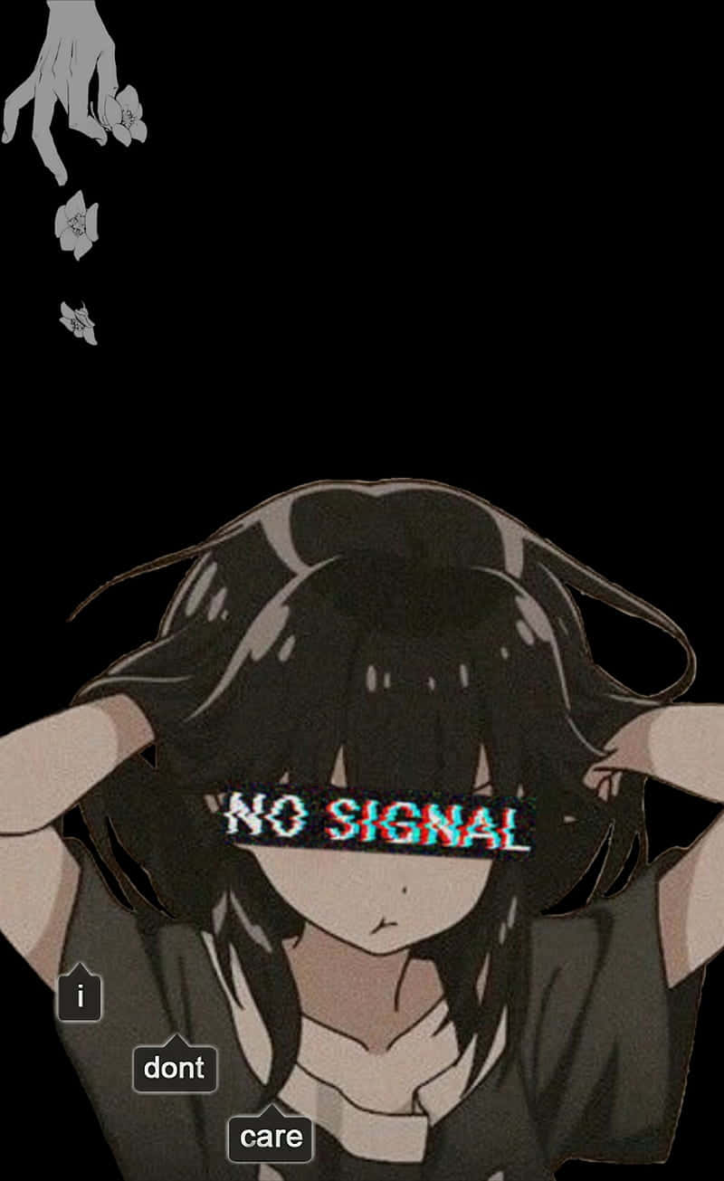 桌布 壁紙 — 一位黑髮動漫女孩抱著頭，一個帶有故障效果的「NO SIGNAL」條覆蓋她的眼睛，背景是黑色並有飄落的花朵。