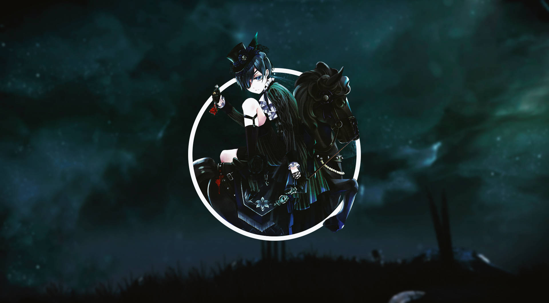 Black Butler 桌布 壁紙 — 一位黑髮動漫女孩穿著哥德式服裝，在發光的白色圓圈內騎著一匹黑馬，背景是憂鬱的藍綠色夜空。