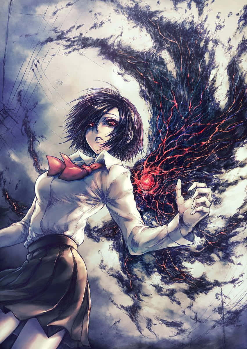 Touka Kirishima 桌布 壁紙 — 一位黑髮動漫女孩穿著校服，在暴風雨的天空中揮舞著發光的紅色能量觸手。