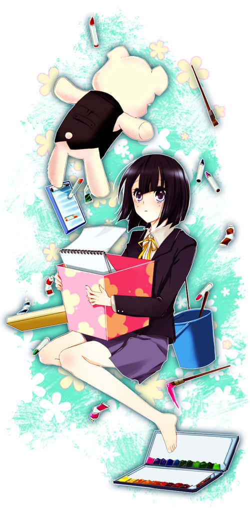 Akane Awakusu 桌布 壁紙 — 一位黑髮動漫女孩穿著校服，坐在藝術用品和漂浮的泰迪熊之間，背景是青綠色花卉圖案。