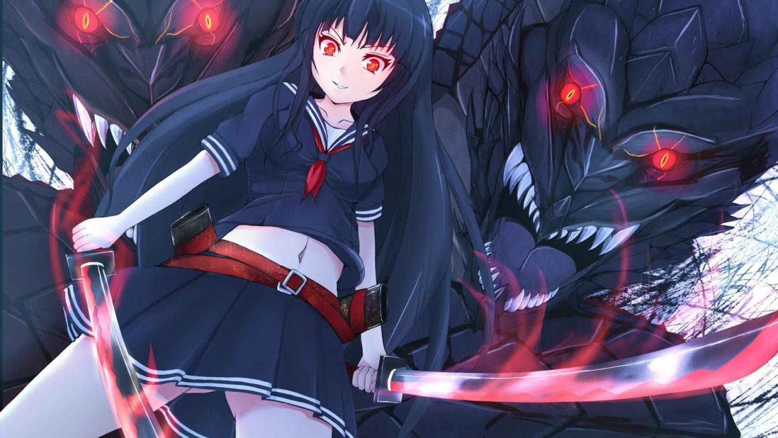 Anime Demon 桌布 壁紙 — 一位黑髮動漫女孩穿著校服，揮舞著發光的紅色劍，對抗擁有發光紅色眼睛的怪物般的陰影野獸。