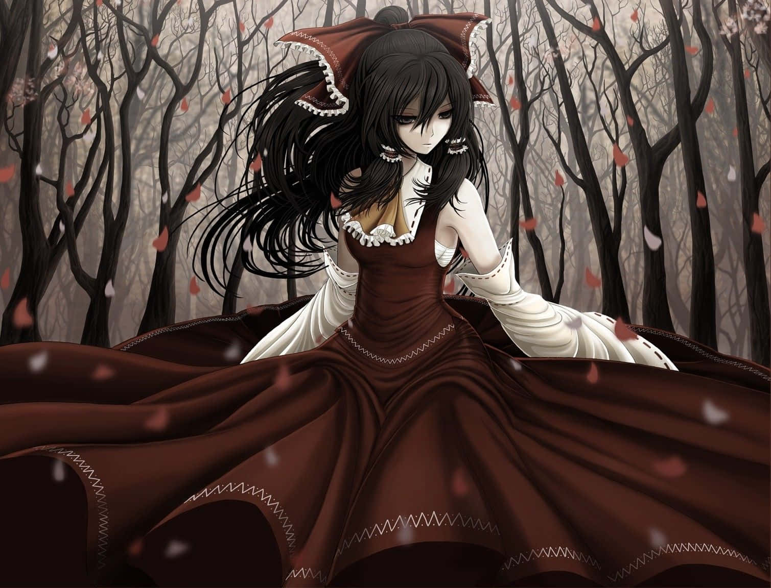 Gothic Anime 桌布 壁紙 — 一位黑髮動漫女孩穿著棕色和白色的連衣裙，站在光禿禿的樹木之間，粉紅色的花瓣在她周圍飄舞。