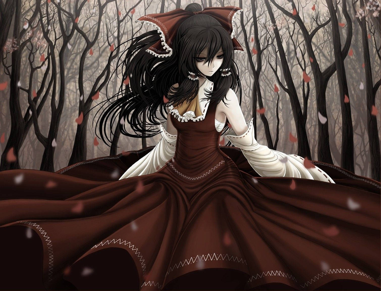 Goth 桌布 壁紙 — 一位黑髮動漫女孩穿著棕色和白色的連衣裙，坐在光禿禿的森林中，紅色花瓣在她周圍飄落。