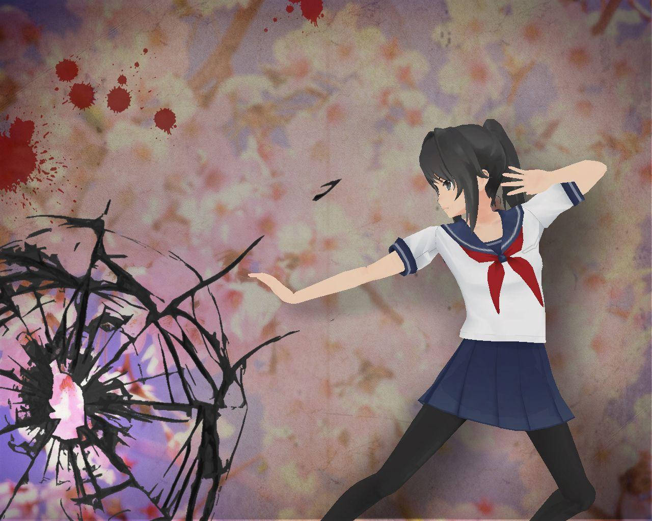 Yandere 桌布 壁紙 — 一位黑髮動漫女孩穿著水手服，向一個碎裂的黑色鏡子伸出手，鏡子上有血跡，背景是帶紋理的粉紅色。