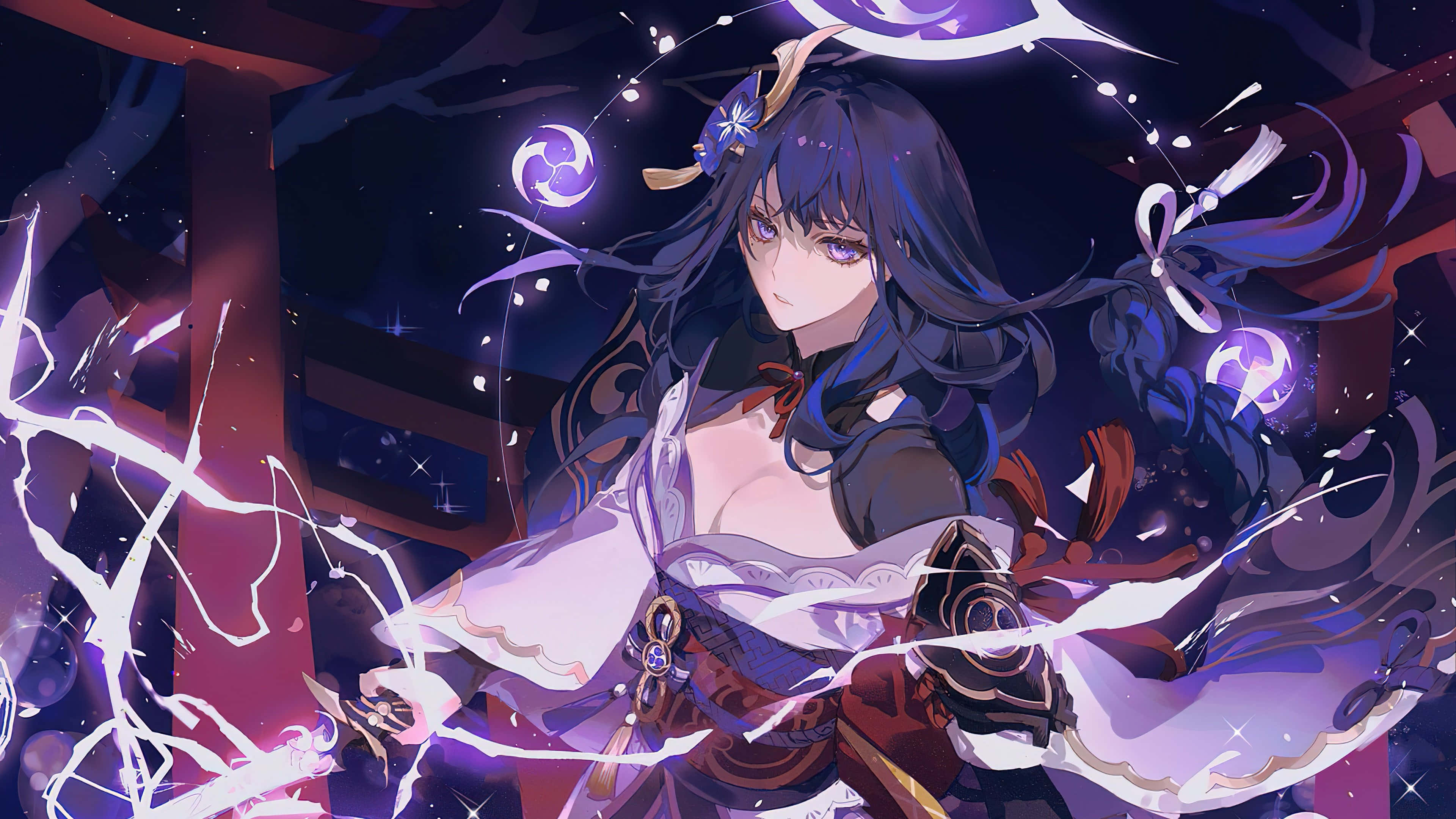 Baal Genshin Impact 桌布 壁紙 — 一位黑髮動漫女孩穿著白色和紅色的服裝，在夜晚的神秘神社中引導發光的紫色能量。