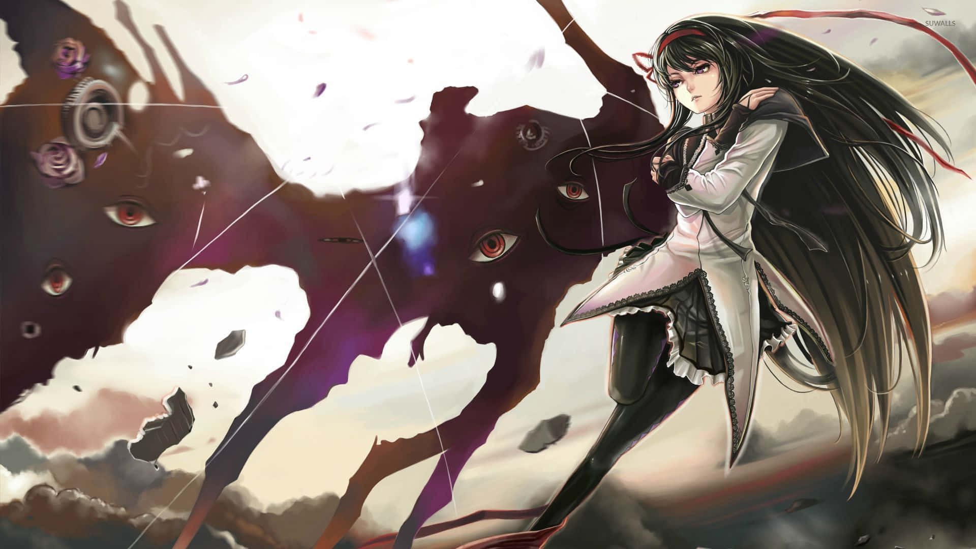 puella magi madoka magica 桌布 壁紙 — 一位黑髮動漫女孩穿著白色外套，挑釁地站在一個擁有發光紅眼的怪物陰影實體面前。