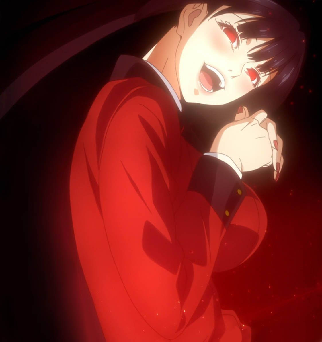 Kakegurui 桌布 壁紙 — 一位黑髮動漫女孩穿著紅色校服，在旋轉的深紅色背景中，眼睛發出紅光，瘋狂地大笑。