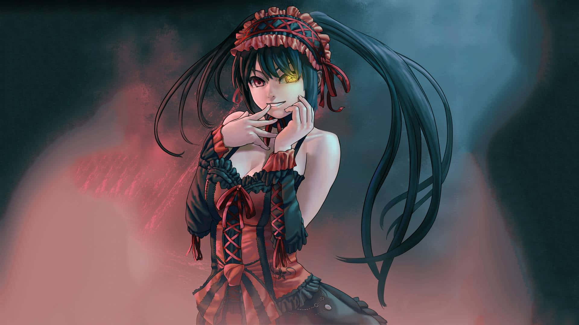 Alternative Art 桌布 壁紙 — 一位黑髮動漫女孩穿著紅黑哥德式服裝，在煙霧繚繞的紅藍背景前，雙手靠近臉龐擺姿勢。