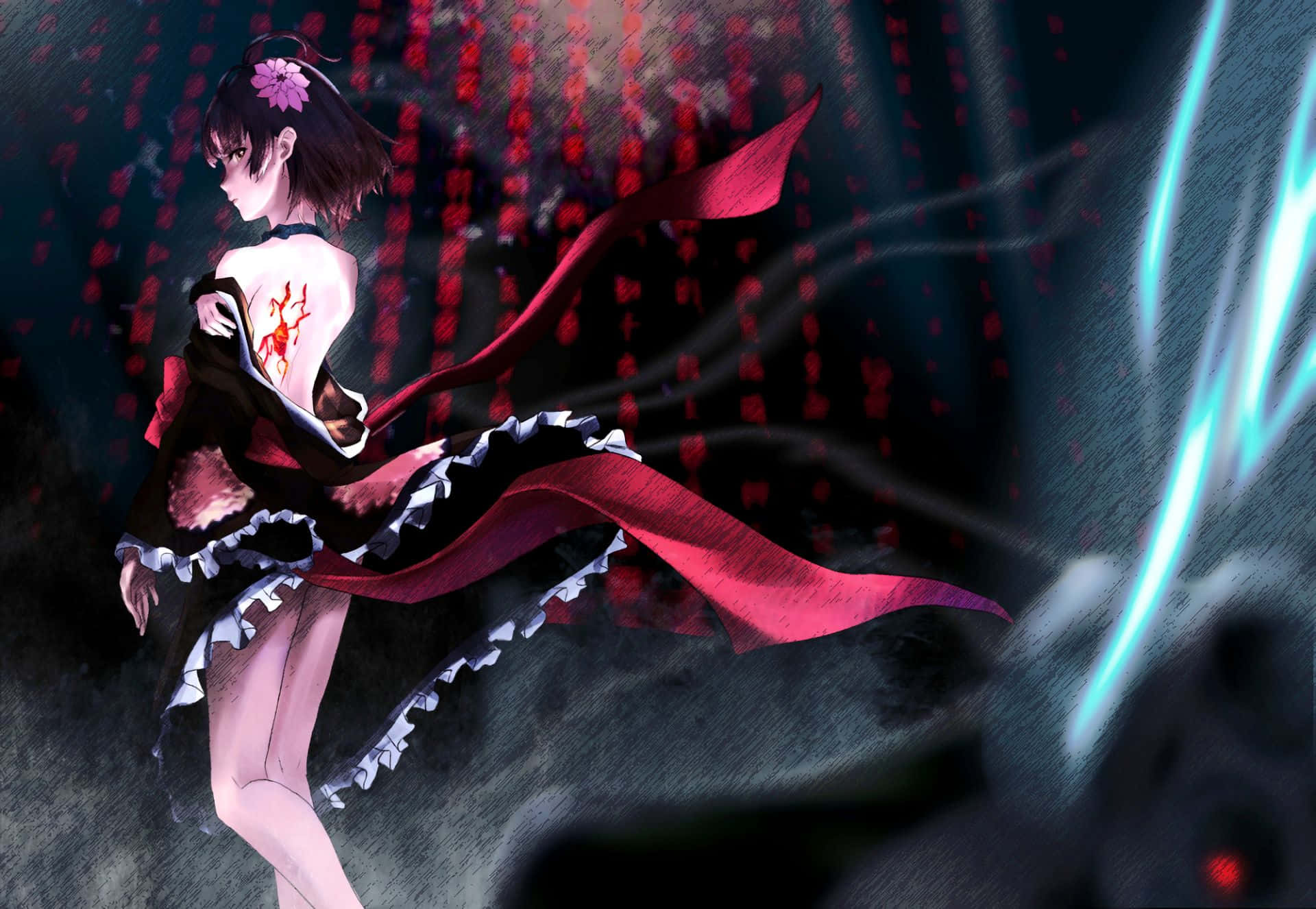 Kabaneri Of The Iron Fortress 桌布 壁紙 — 一位黑髮動漫女孩穿著紅黑荷葉邊服裝，手持發光劍，站在陰影背景中，周圍飄落紅色符號。