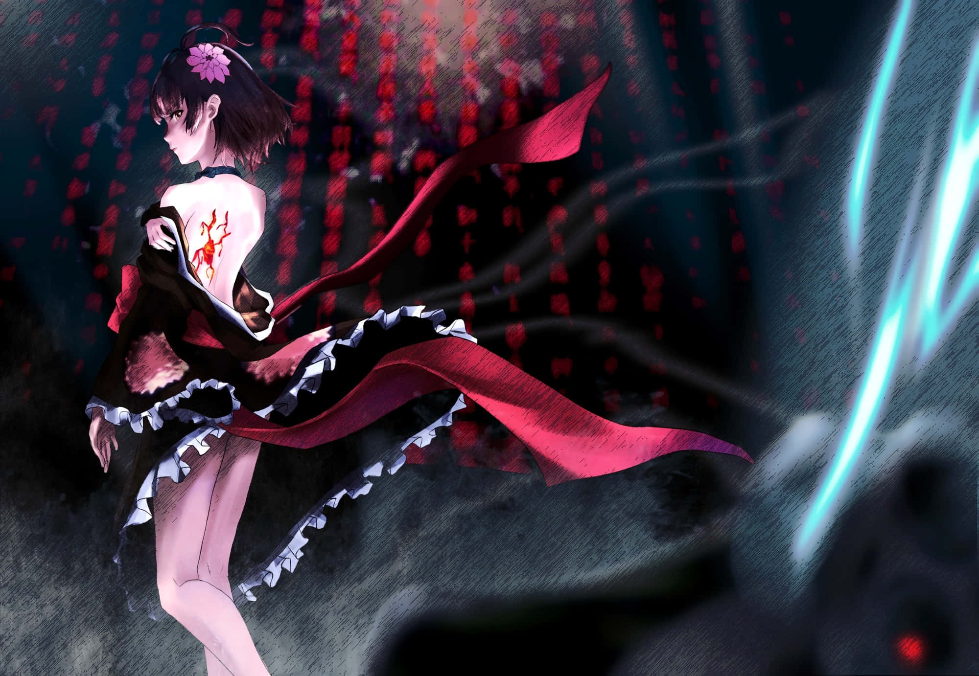 Beautiful Anime 桌布 壁紙 — 一位黑髮動漫女孩穿著紅黑荷葉邊連衣裙，在雨水濺灑的深紅色背景下，閃耀的藍色能量條紋掠過她身旁，她擺出姿勢站立著。