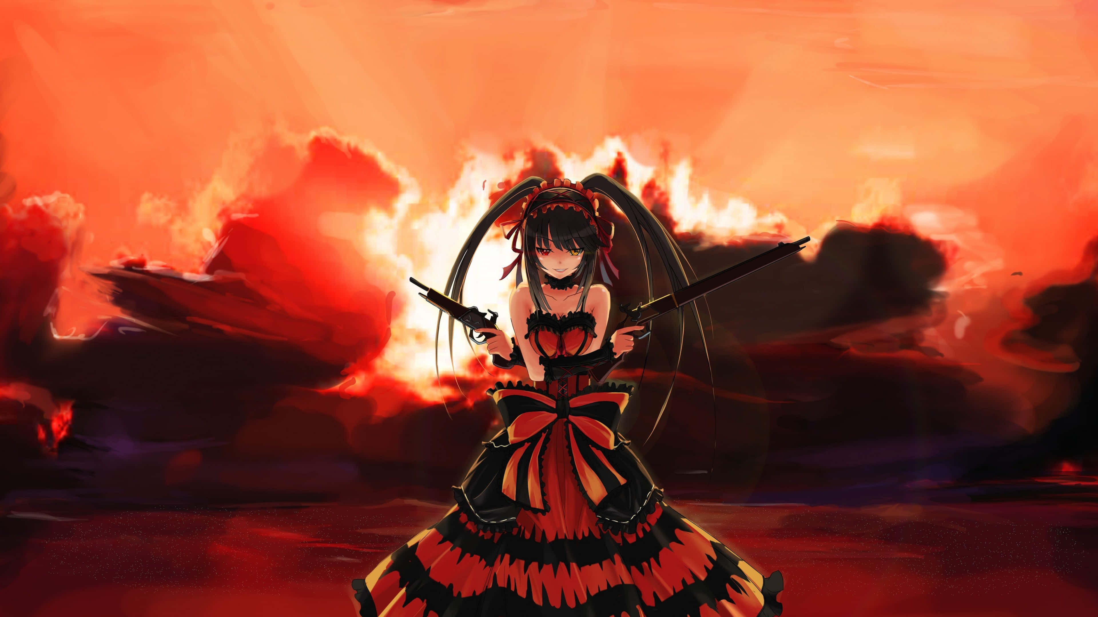Date A Live 桌布 壁紙 — 一位黑髮動漫女孩穿著紅黑連衣裙，在帶有戲劇性雲朵的熾熱橙紅色天空下手持兩把手槍。