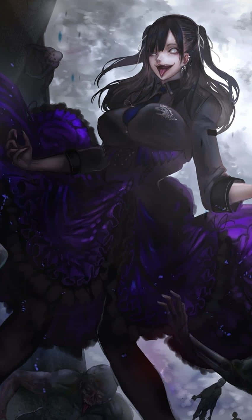 Goth 桌布 壁紙 — 一位黑髮動漫女孩穿著紫色連衣裙，在暴風雨的天空中被殭屍手包圍，露出詭異的微笑。