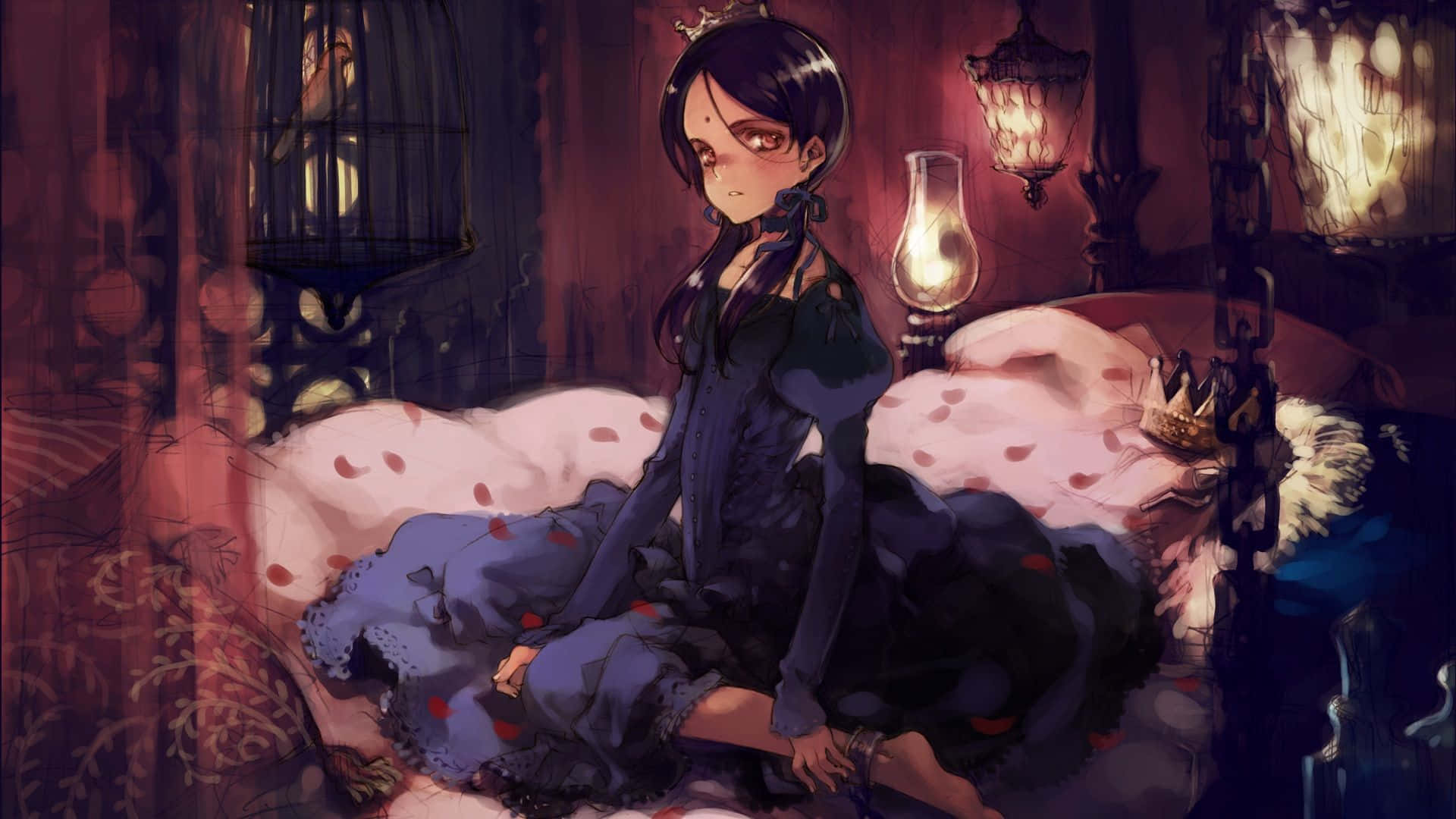 Gothic Anime 桌布 壁紙 — 一位黑髮動漫女孩穿著藍色連衣裙，坐在鋪有玫瑰花瓣的床上，周圍是溫暖的燈籠和鳥籠，房間光線昏暗。