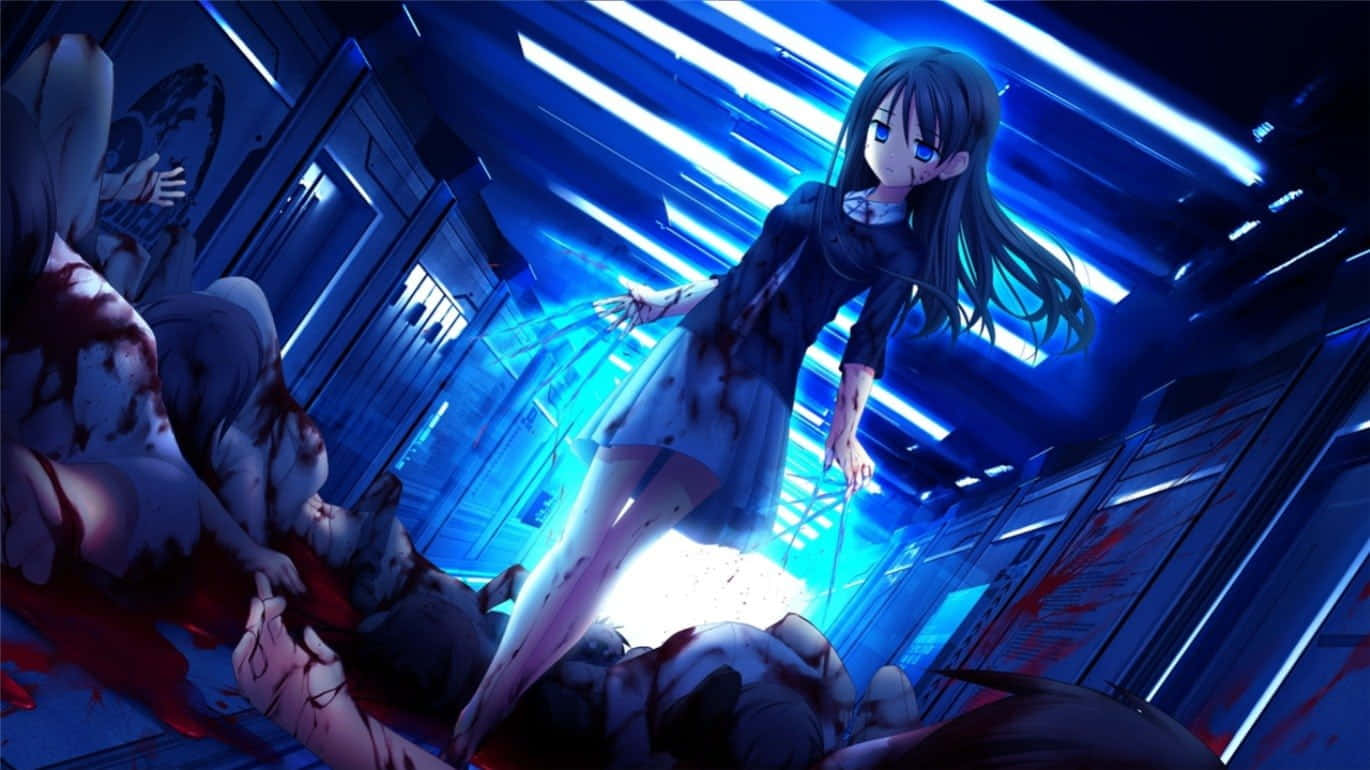 Horror Anime 桌布 壁紙 — 一位黑髮動漫女孩穿著血跡斑斑的裙子，站在霓虹燈照亮的未來走廊中，周圍是倒下的屍體。