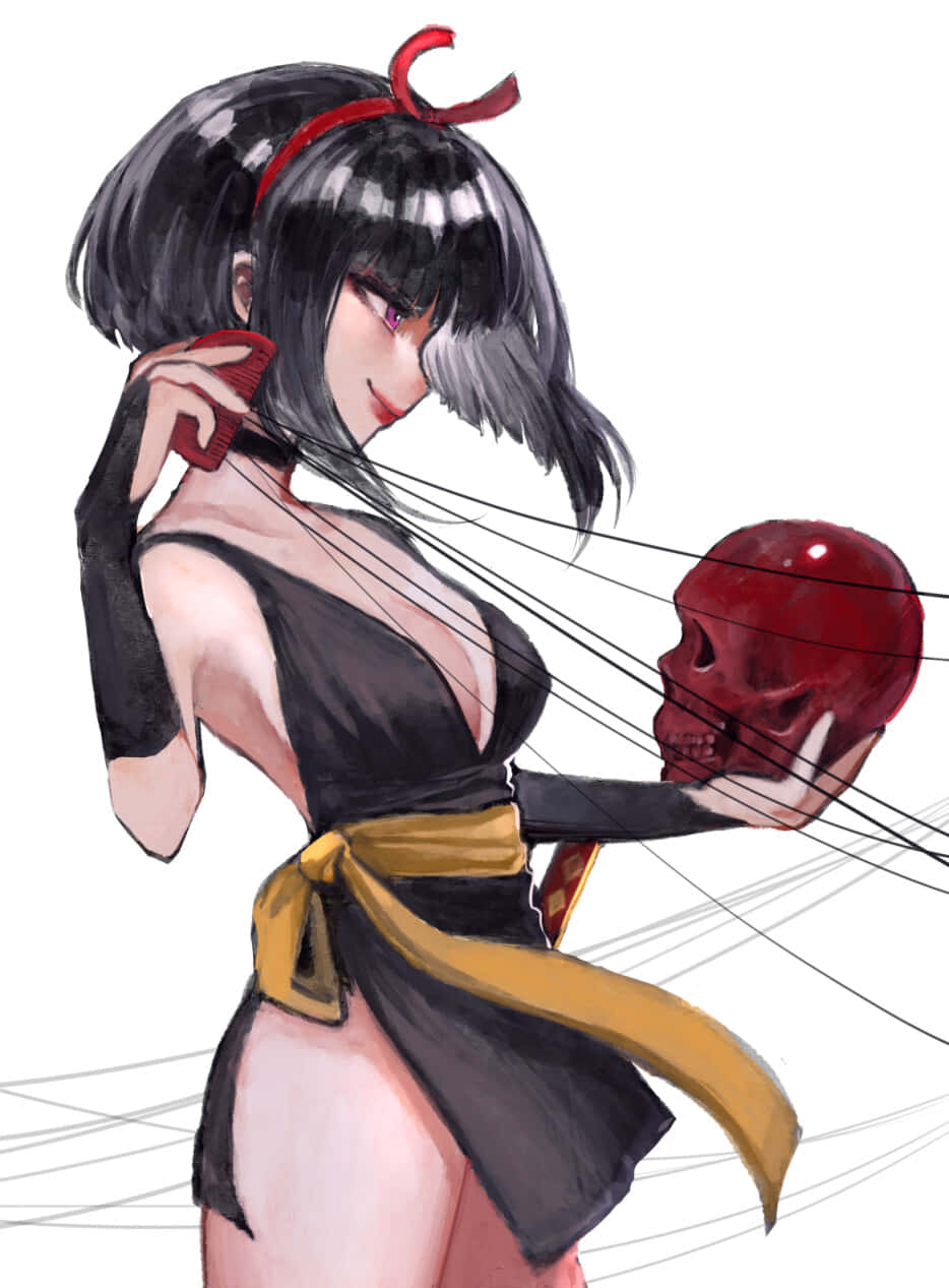 Inuyasha Yura 桌布 壁紙 — 一位黑髮動漫女孩穿著黑色服裝，在純白色背景上用繩子操控一個紅色頭骨。