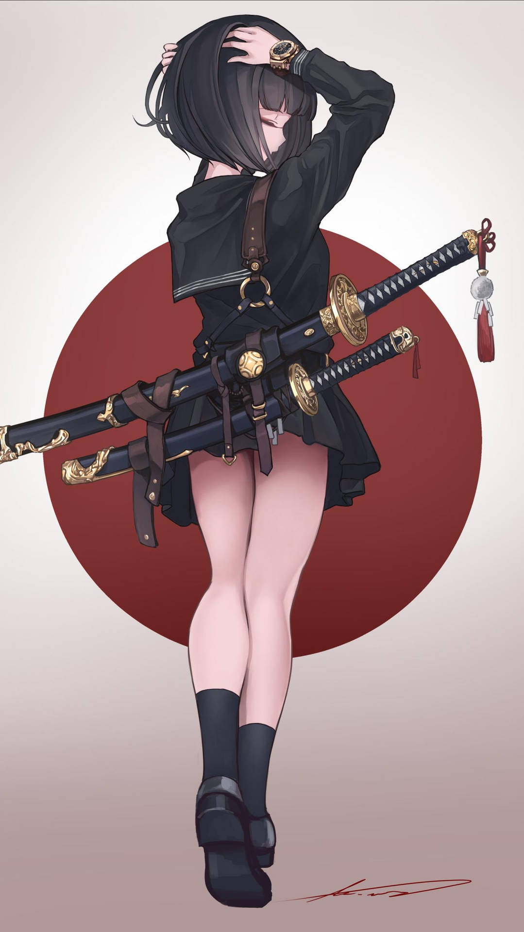 動漫女孩持劍穿黑衣在紅色圓形背景前 — 武士動畫 壁紙