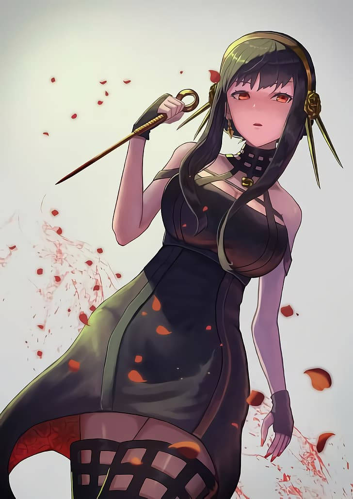 X 桌布 壁紙 — 一位黑髮動漫女孩穿著黑色連衣裙，手持金色法杖，紅色花瓣在她周圍旋轉，背景蒼白。