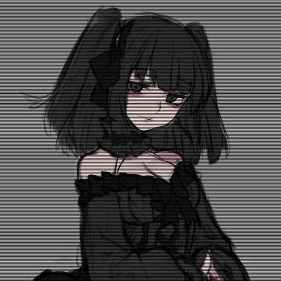 Cool Anime Girl 桌布 壁紙 — 一位黑髮動漫女孩穿著黑色連衣裙，背景是帶有故障效果的條紋，她低垂著頭，表情憂鬱。