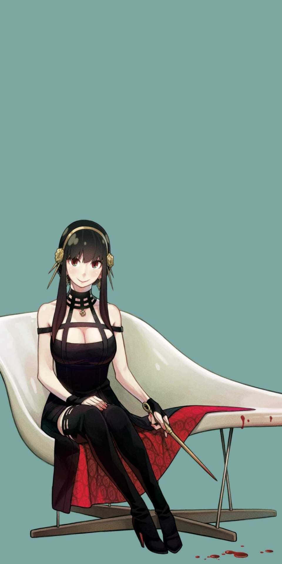 Anya Spy X Family 桌布 壁紙 — 一位黑髮動漫女孩穿著黑色連衣裙坐在白色椅子上，手持沾血的匕首，背景為青綠色。