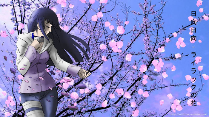 動漫女孩在櫻花樹下，花瓣在黃昏時飄落。 — 日向 GIF 壁紙