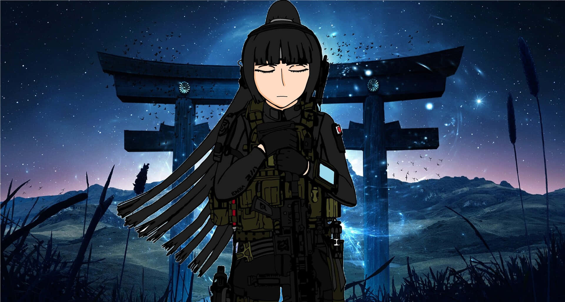 動漫 桌布 壁紙 — 一位黑髮動漫女孩身穿戰術裝備，站在星空夜空下發光的鳥居前。