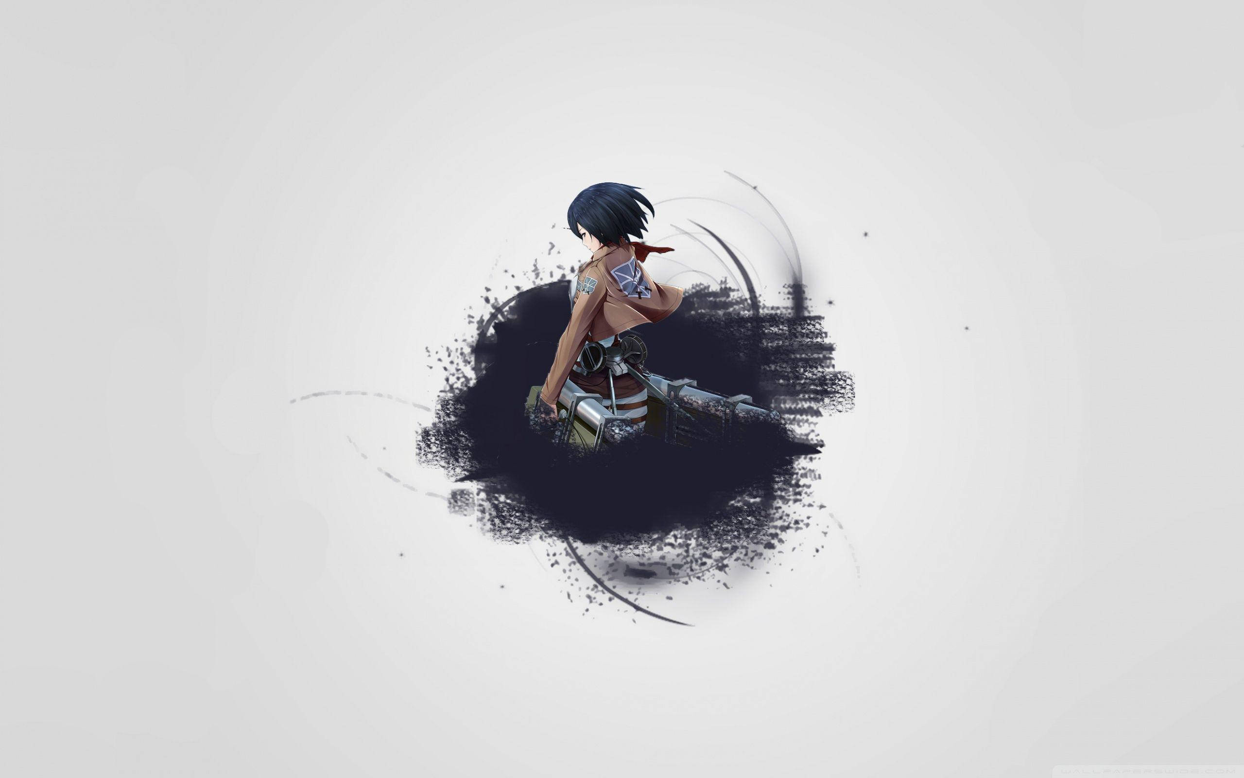 Mikasa 桌布 壁紙 — 一位黑髮動漫女孩身穿戰鬥裝備，坐在淺灰色背景上旋轉的黑色墨水飛濺中。
