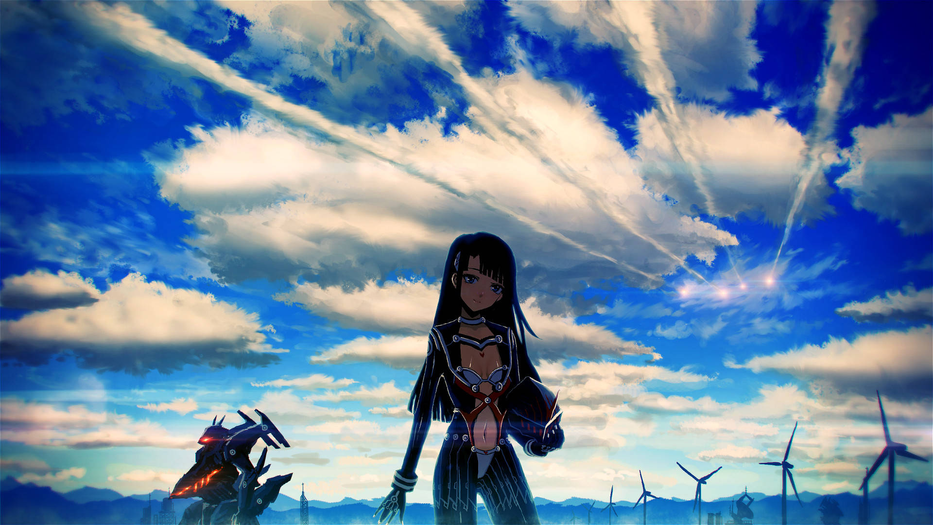 Anime Cloud 桌布 壁紙 — 一位黑髮動漫女孩身穿未來裝甲，站在風力發電機前，背景是帶有雲彩和發光光線的鮮豔藍天。