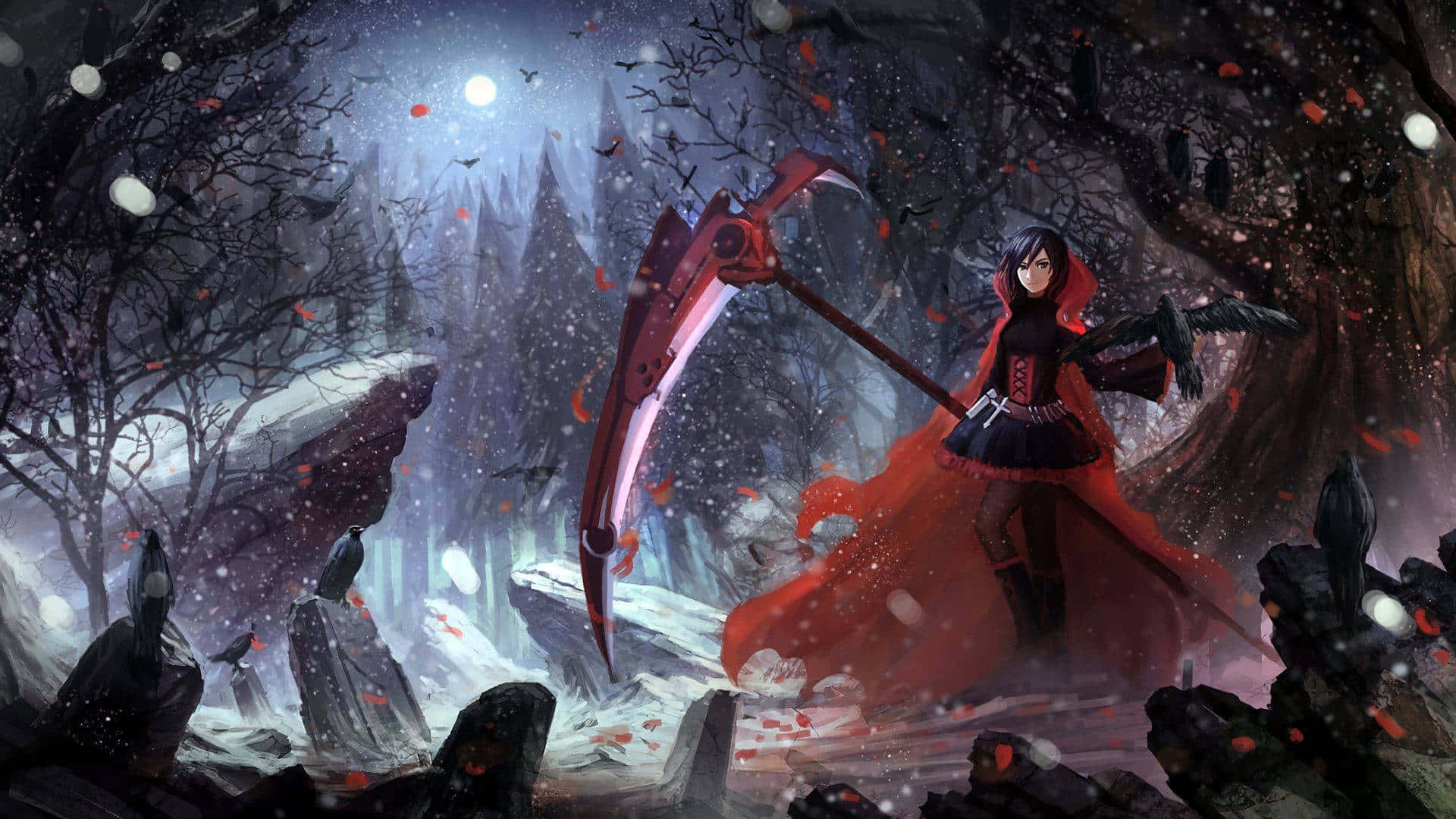 RWBY 桌布 壁紙 — 一位黑髮動漫女孩身穿飄逸的紅色斗篷，在月光下的雪地森林中揮舞著巨大的鐮刀，周圍是光禿禿的樹木和飄落的紅色花瓣。