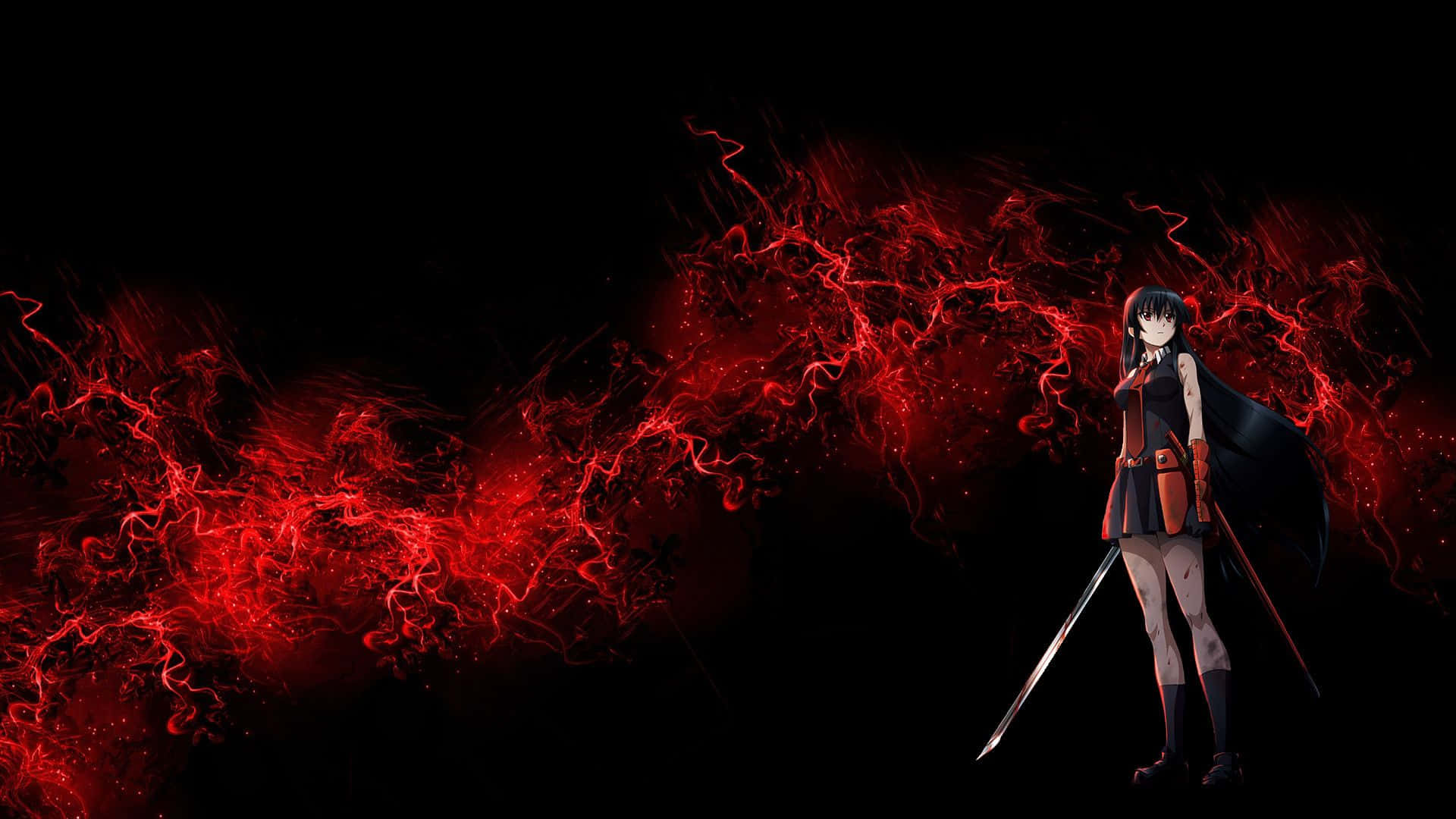 Red And Black Anime 桌布 壁紙 — 一位黑髮動漫女孩身穿黑紅盔甲，手持劍站立，身後有深紅能量在黑色虛空中劈啪作響。