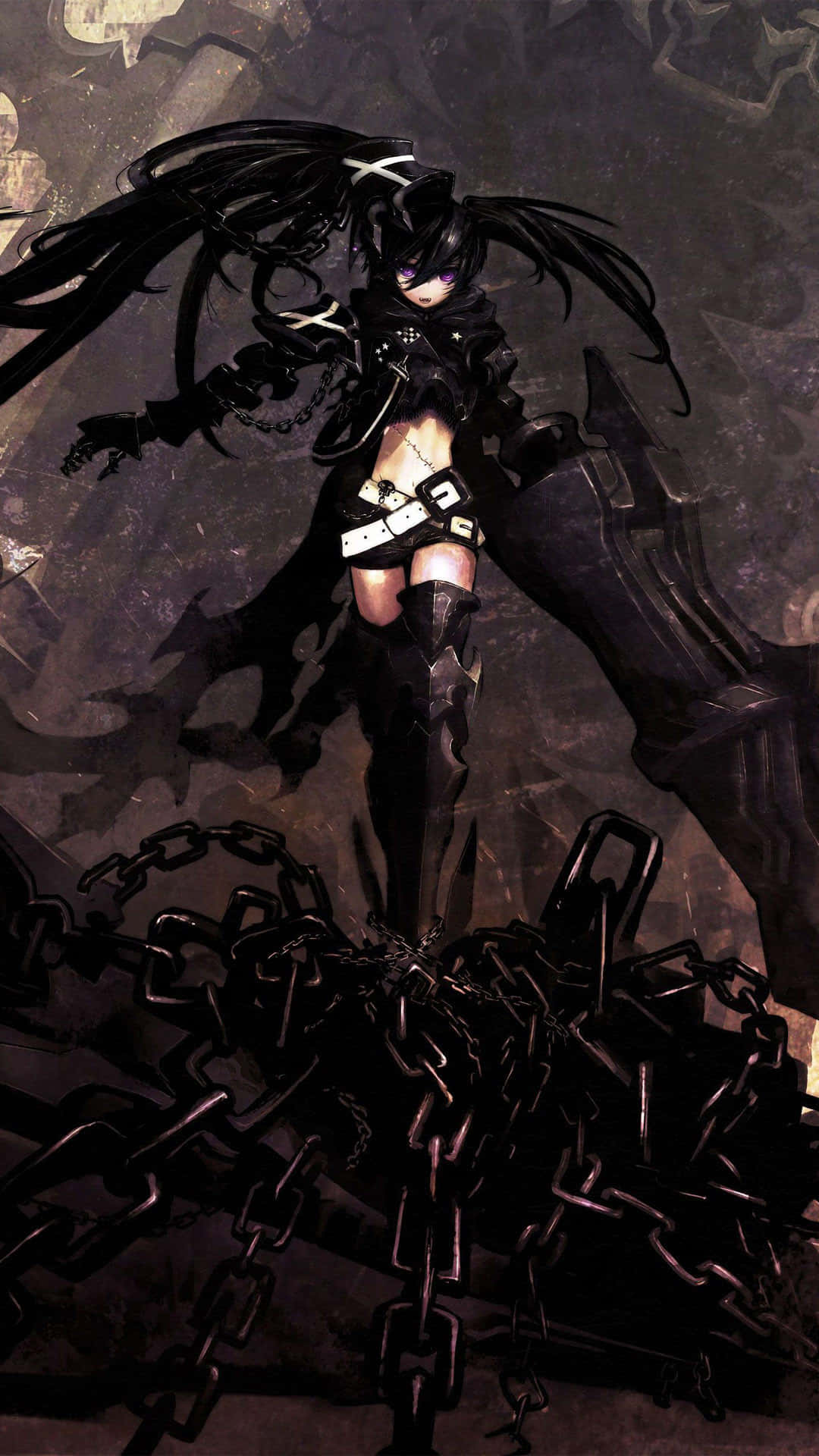 Dark Anime Girl 桌布 壁紙 — 一位黑髮動漫女孩身穿黑色盔甲，挑釁地站在破碎的鎖鏈上，身處陰暗、陰影籠罩的廢墟中。