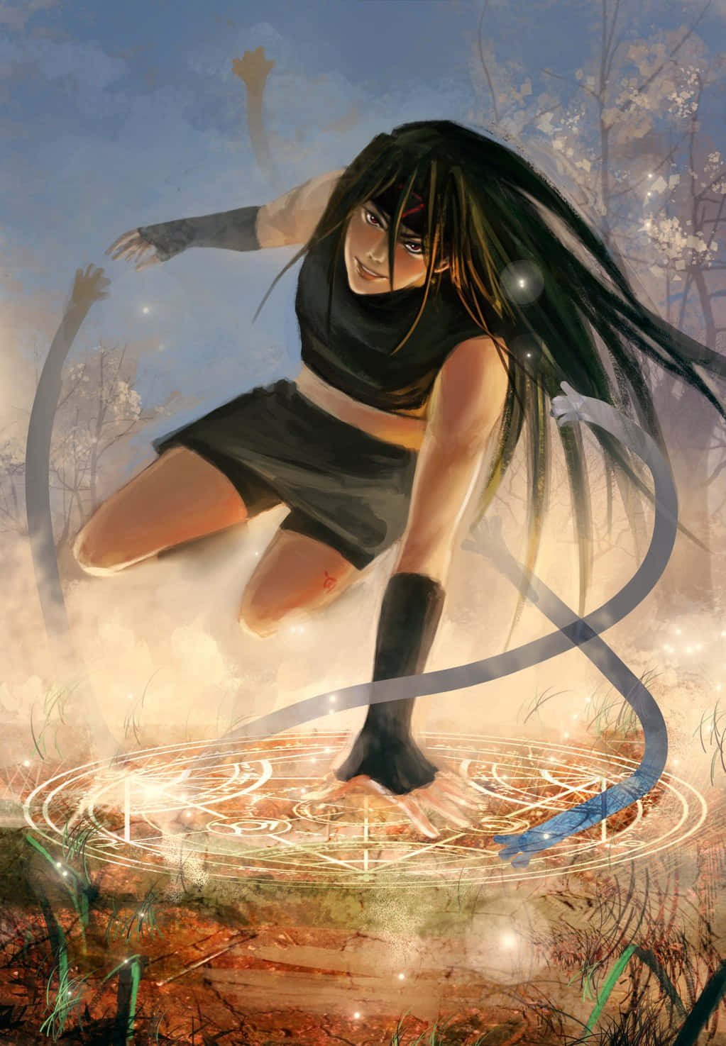 Fullmetal Alchemist Envy 桌布 壁紙 — 一位黑髮動漫女孩身穿黑色衣服，在黃昏的森林中跳過一個發光的神秘圓圈。