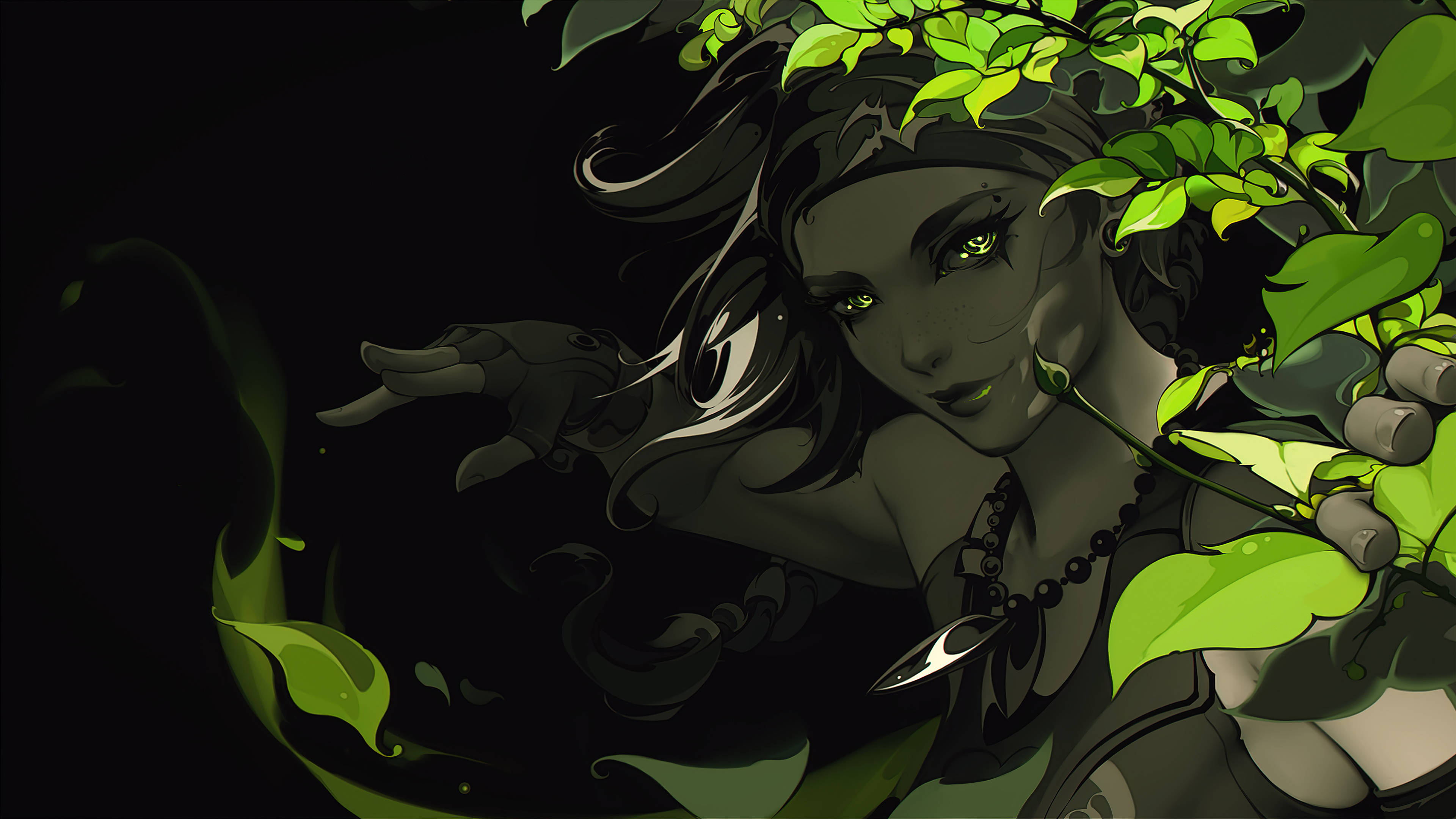 Valorant 4K 壁紙 桌布 壁紙 — 一位黑髮動漫女性，在黑色背景上從充滿活力的綠色樹葉中露出發光的綠色眼睛。