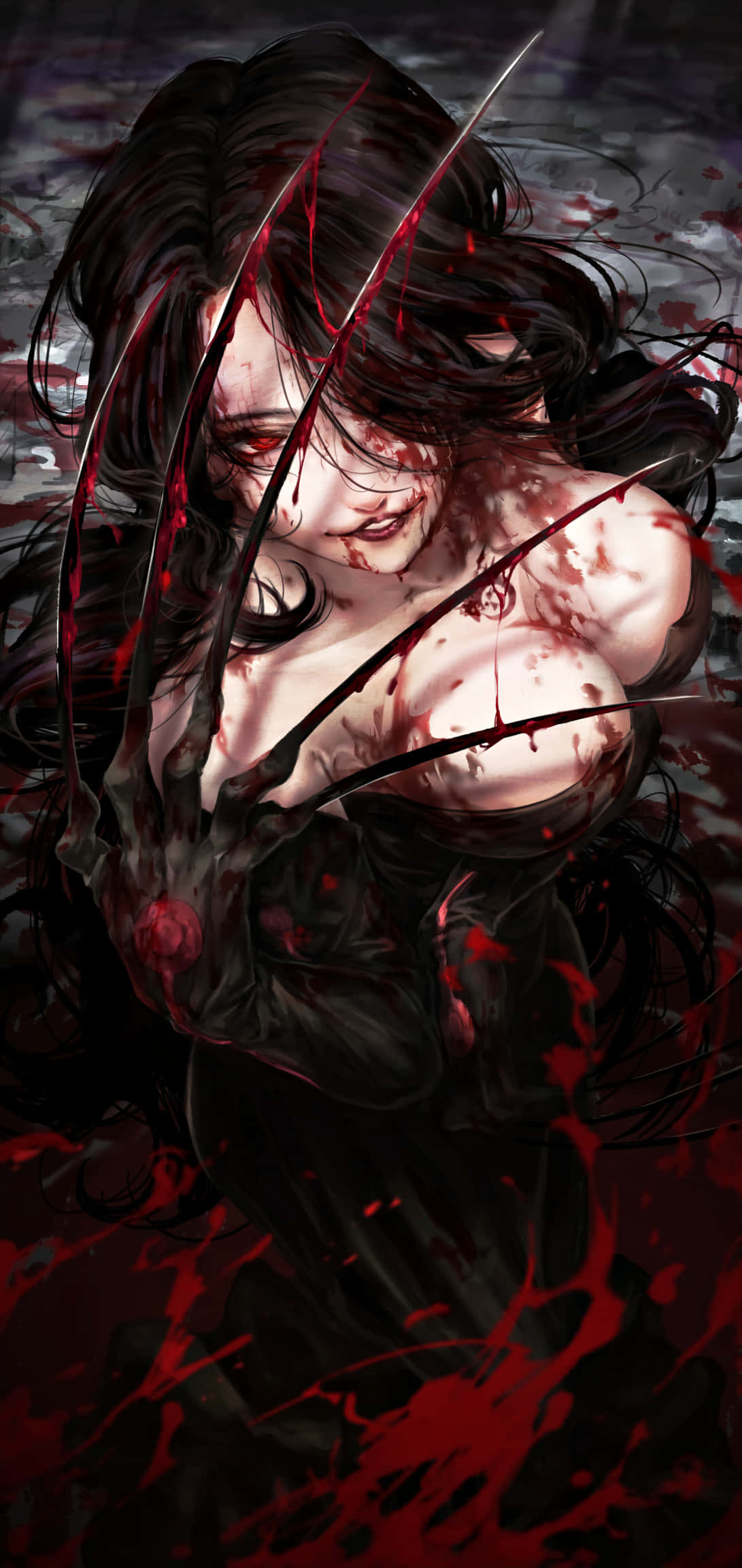 Fullmetal Alchemist Lust 桌布 壁紙 — 一位黑髮動漫女性，帶有血淋淋的爪子和傷口，在深紅色的背景上強烈凝視。