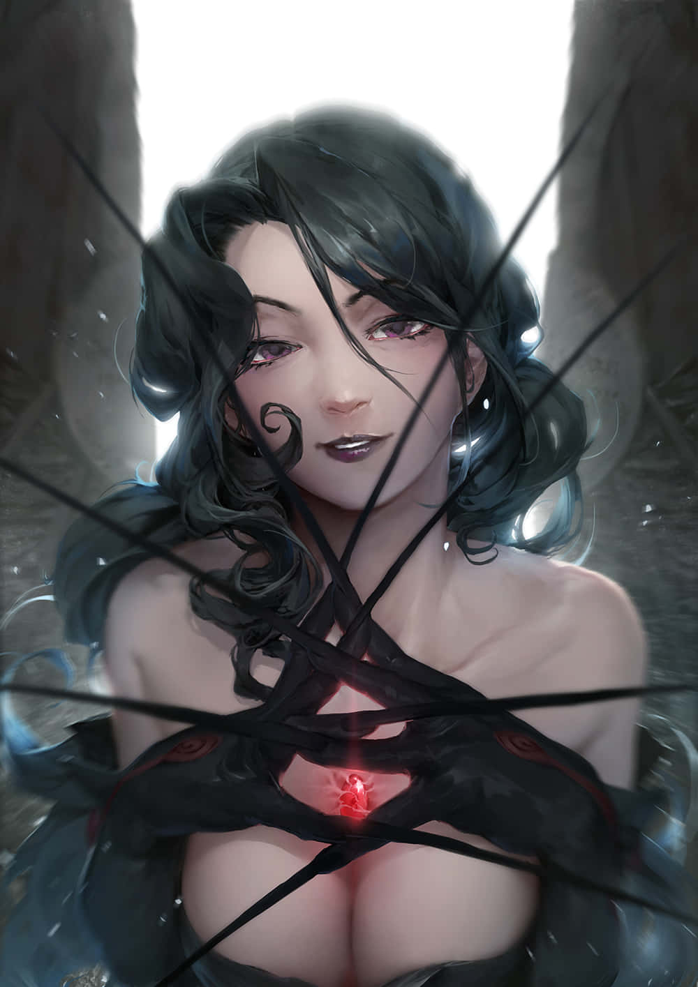 Fullmetal Alchemist Lust 桌布 壁紙 — 一位黑髮動漫女性，帶著發光的紅色心臟和黑色觸手，從破裂的玻璃屏障中出現。