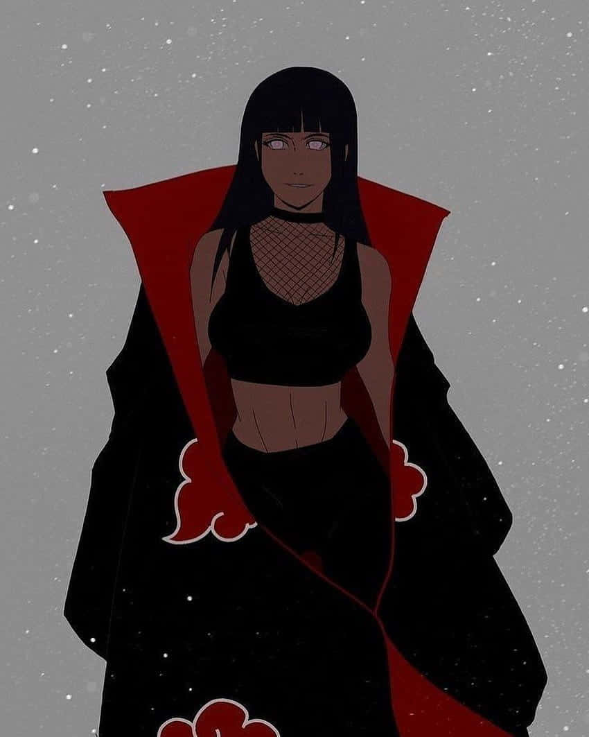 Akatsuki Hinata 桌布 壁紙 — 一位黑髮動漫女性，身穿帶有雲紋的黑色和紅色斗篷，站在星光點點的灰色背景前。