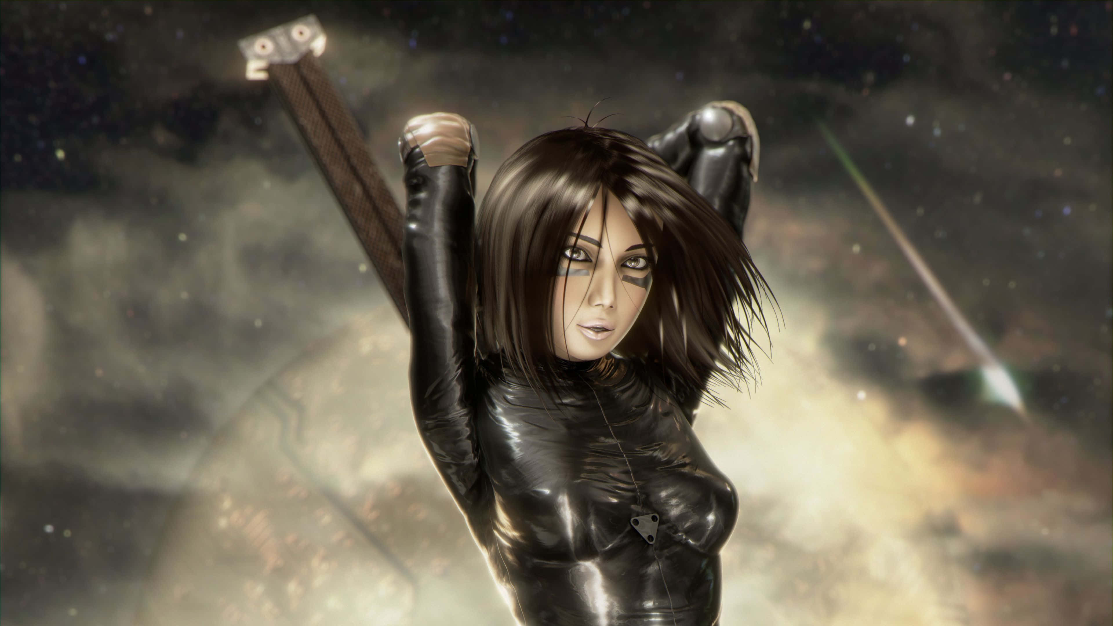 Alita Battle Angel 桌布 壁紙 — 一位黑髮動漫女性穿著黑色皮衣，在宇宙星空背景下高舉一把大劍。